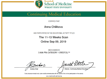 Сотрудник «СМ-Клиника» Чиликова А.А. прошла курс повышения квалификации на тему «Ультразвуковое сканирование на 11-13 неделе беременности»